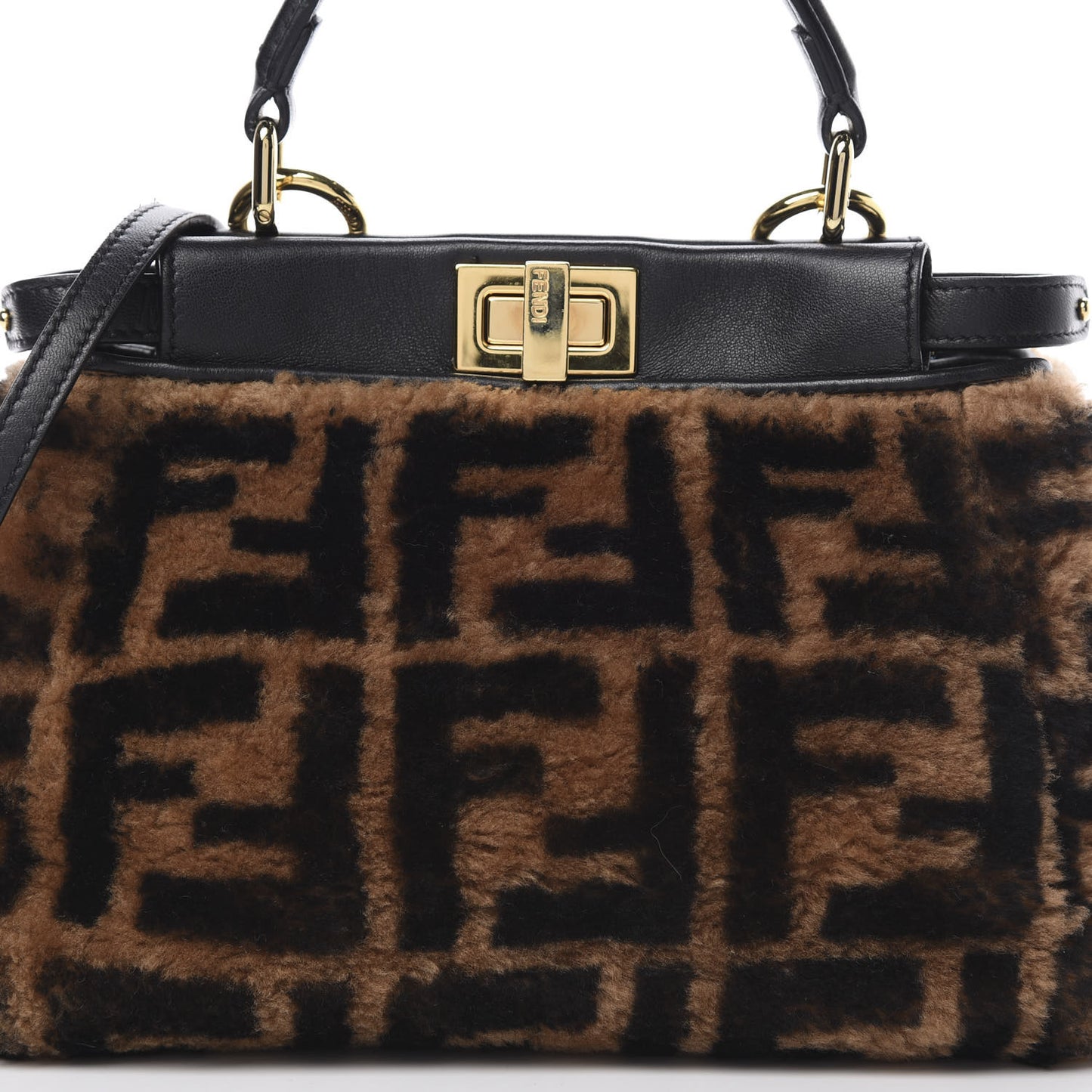 Shearling Nappa Macro FF 1974 Mini Peekaboo Iconic Satchel Tobacco Black