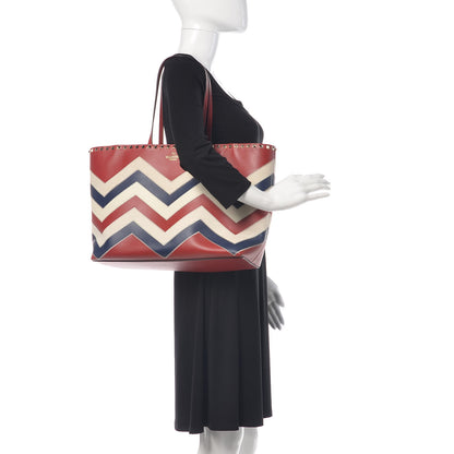 Valentino Garavani Calfskin Canvas Chevron Inlay Rockstud Shoulder Tote Red White Blue 2 of 8
