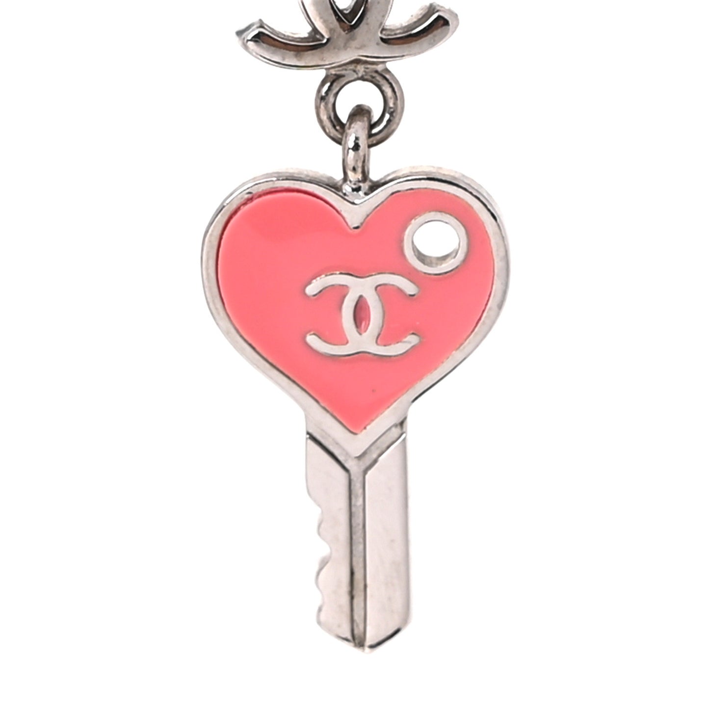Enamel Heart Key CC Drop Earrings Silver Rose Salmon