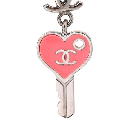 Chanel Enamel Heart Key CC Drop Earrings Silver Rose Salmon 4 of 4