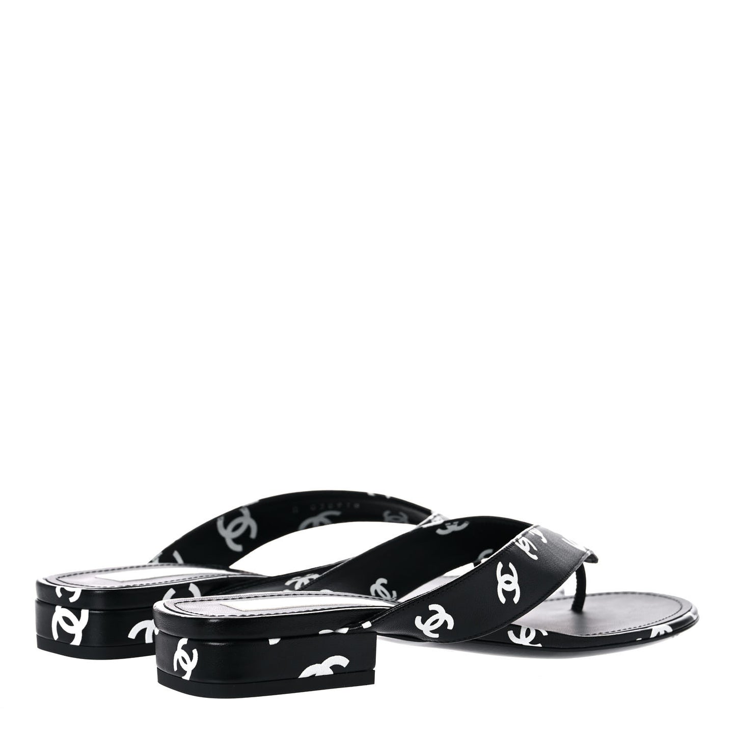 Lambskin Printed CC Thong Sandals 39 Black White