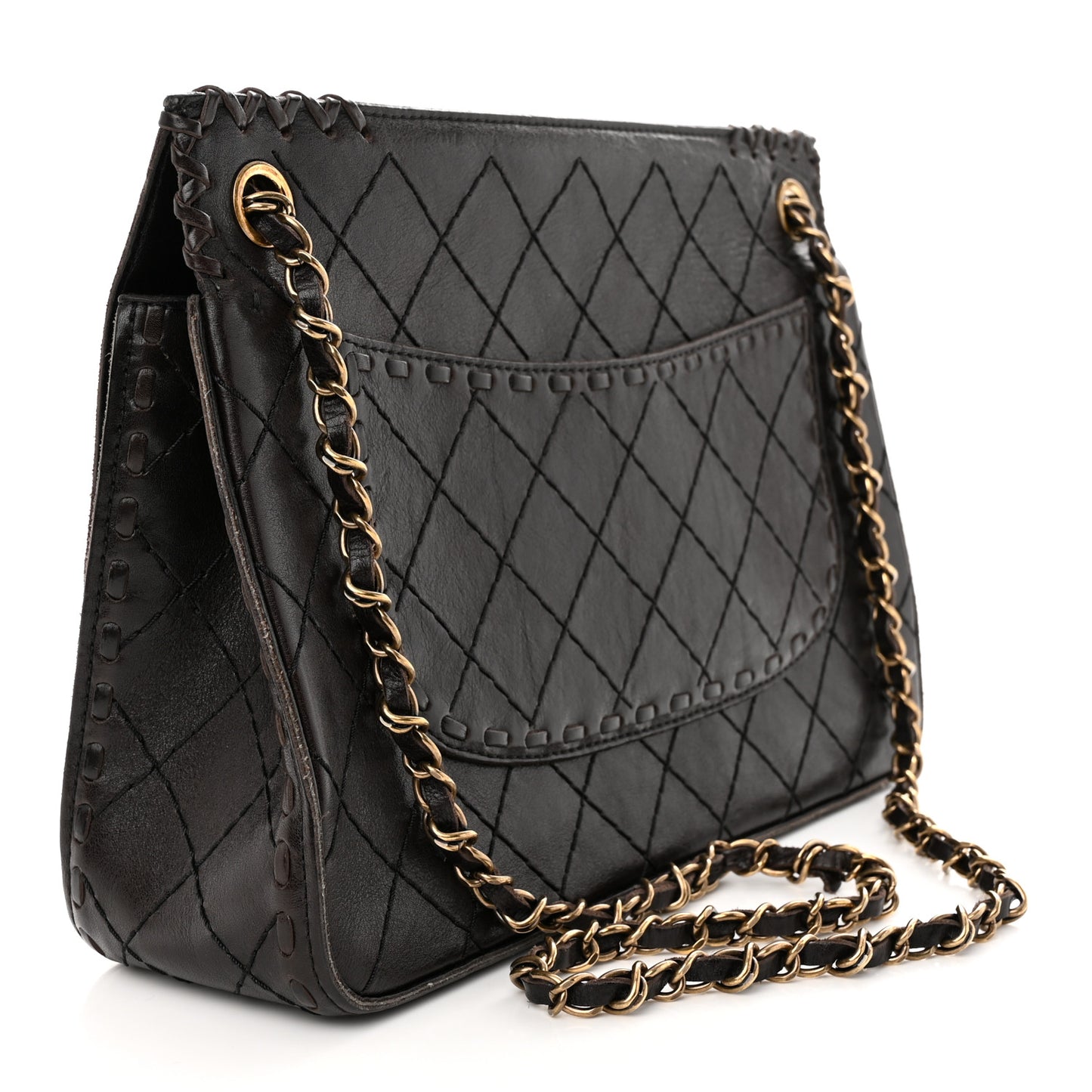Calfskin Stitched Large Vintage Flap Dark Brown