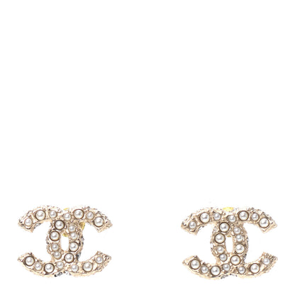 Chanel Pearl Crystal CC Stud Earrings Gold 1 of 4