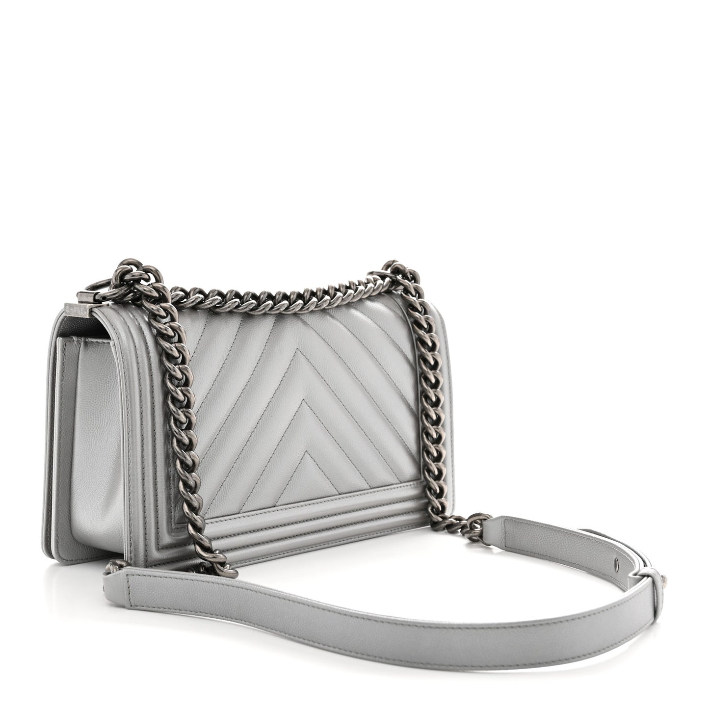 Metallic Caviar Chevron Quilted Medium Boy Flap Silver