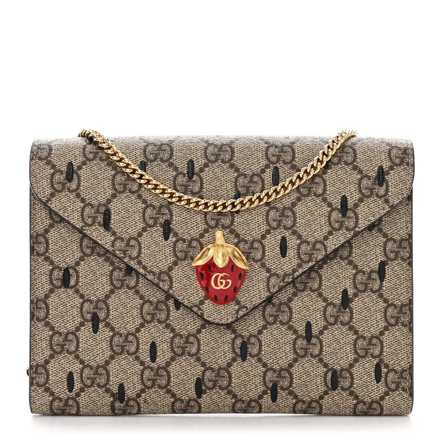GG Supreme Monogram Strawberry Seed Textured Dollar Calfskin Enamel Double G Strawberry Wallet On Chain Beige Ebony Black New Acero Hibiscus Red