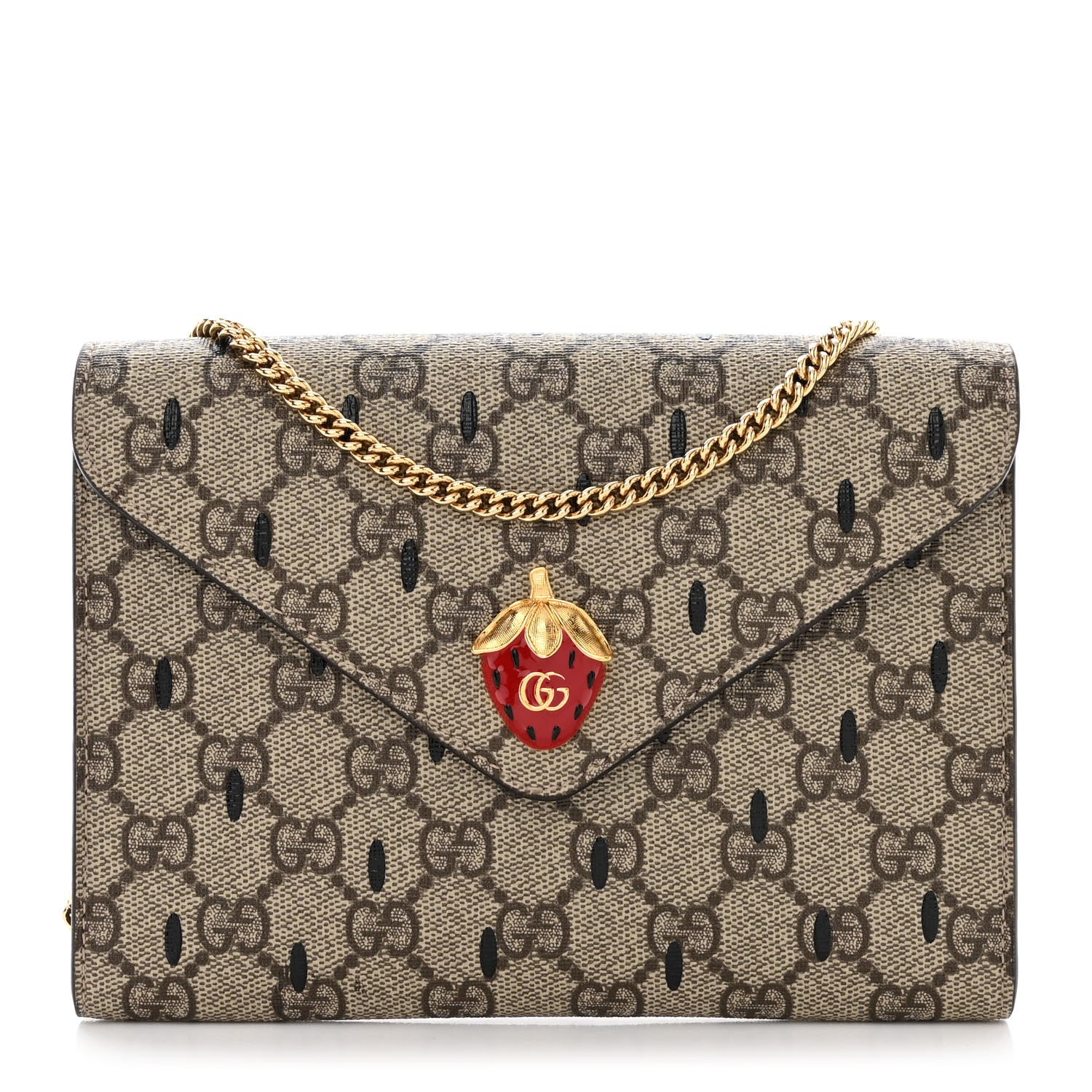 Gucci GG Supreme Monogram Strawberry Seed Textured Dollar Calfskin Enamel Double G Strawberry Wallet On Chain Beige Ebony Black New Acero Hibiscus Red 1 of 10
