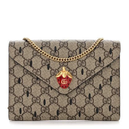 Gucci GG Supreme Monogram Strawberry Seed Textured Dollar Calfskin Enamel Double G Strawberry Wallet On Chain Beige Ebony Black New Acero Hibiscus Red 1 of 10