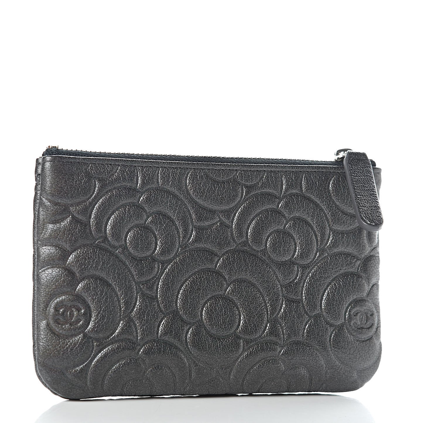Goatskin Camellia Embossed Cosmetic Pouch Anthracite