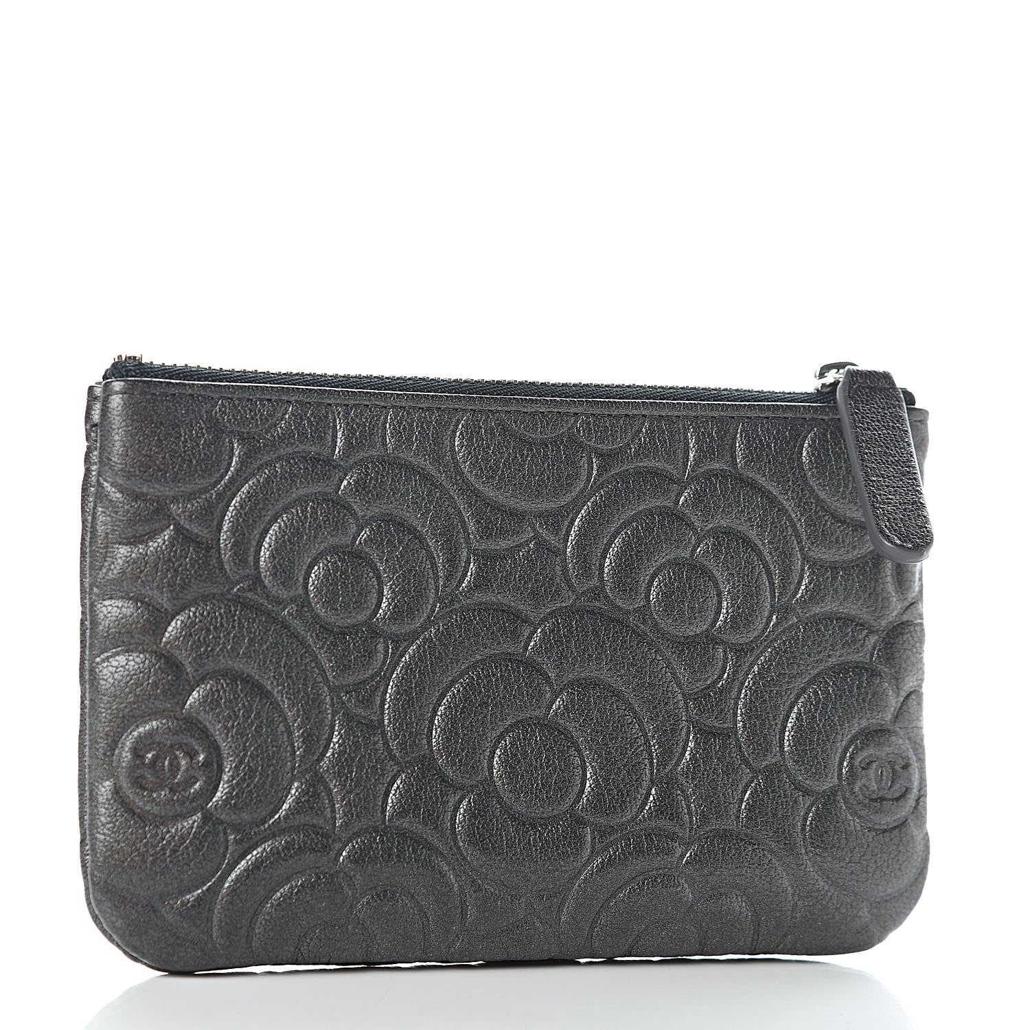 Chanel Goatskin Camellia Embossed Cosmetic Pouch Anthracite 3 of 8