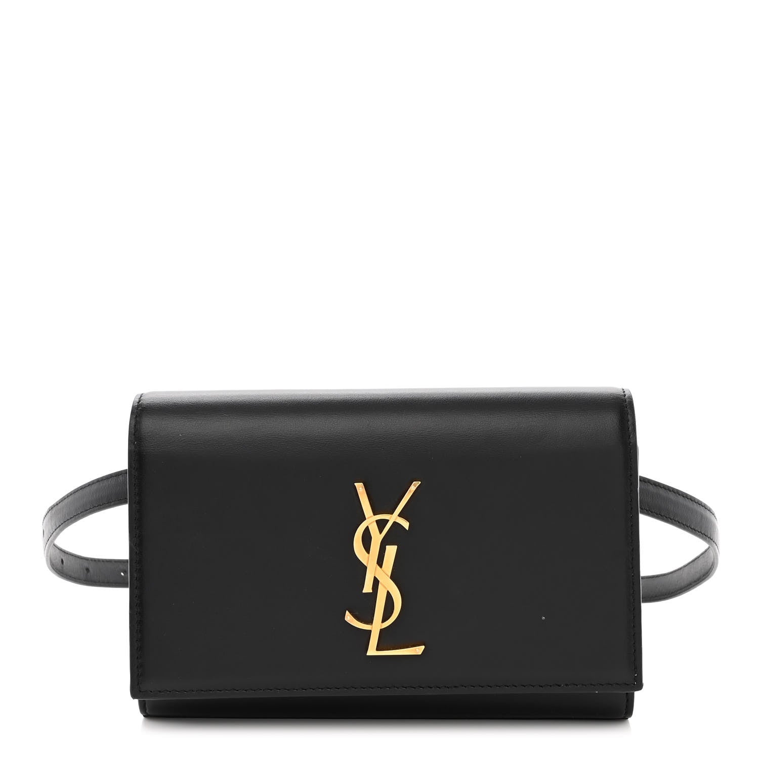 front view image of a SAINT LAURENT Smooth Calfskin Monogram Kate Belt Bag in the color Black by FASHIONPHILE