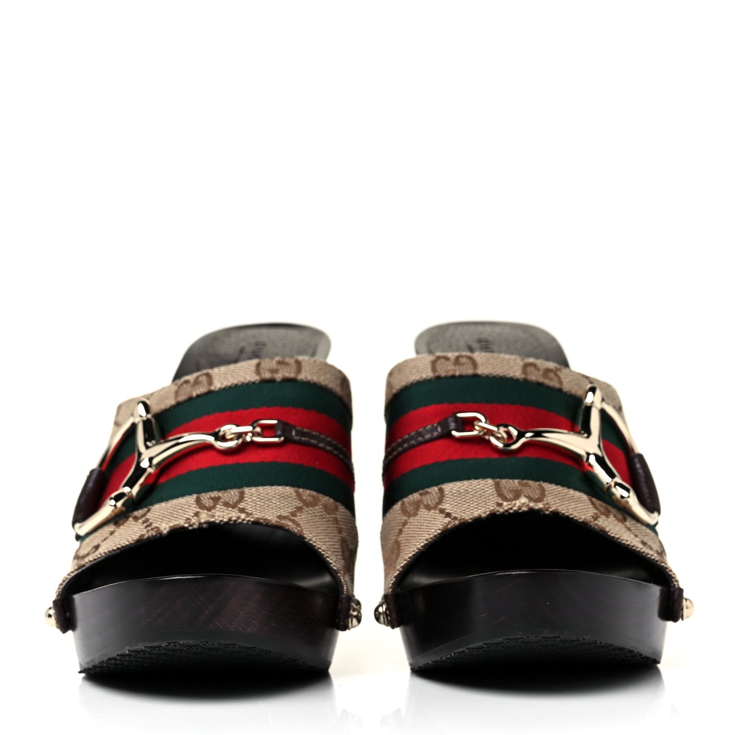 Gucci Monogram Natural Pigskin Web Icon Bit Platform Clog High Heel Slide Sandals 9 Beige Ebony Cocoa 2 of 9