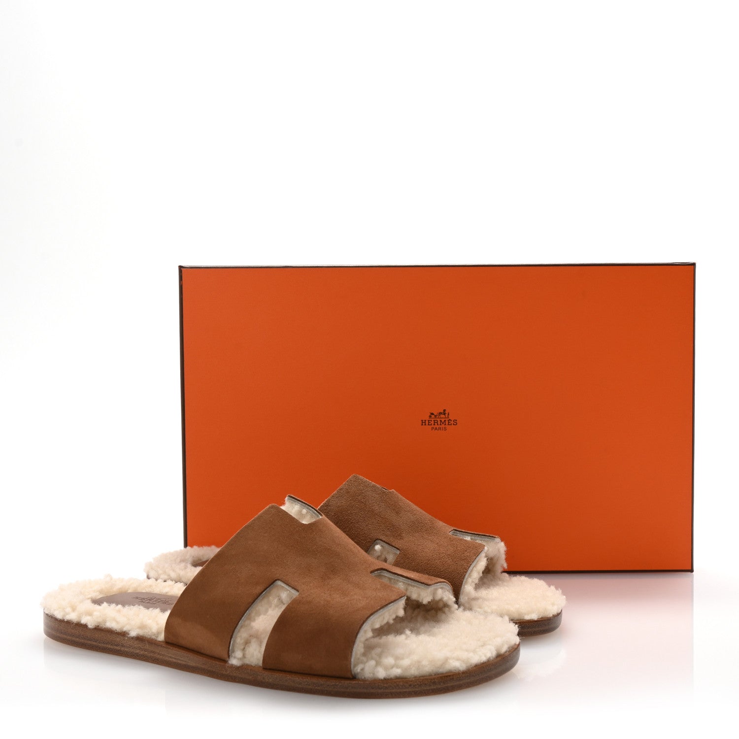 Hermes Suede Goatskin Shearling Mens Izmir Sandals 42 Marron Teck Ecru 9 of 9