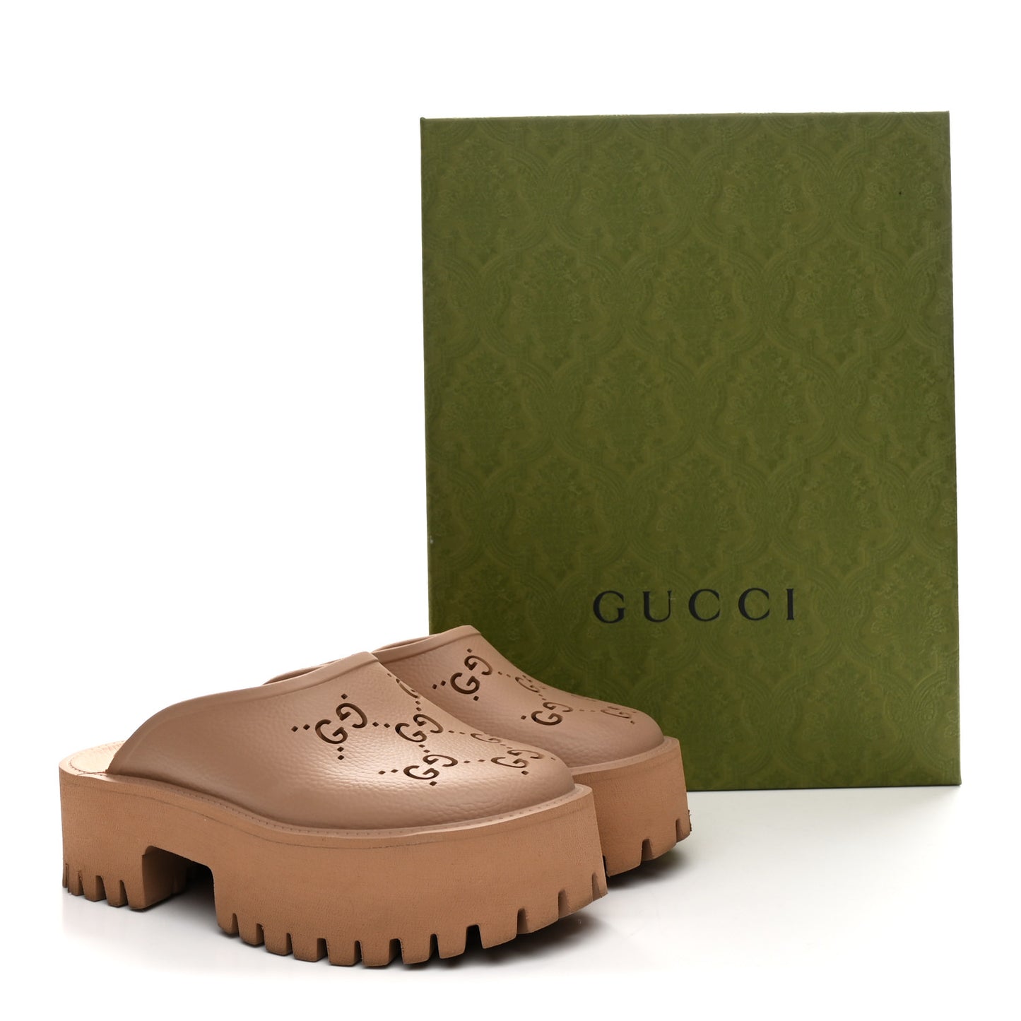Rubber GG Monogram Perforated Elea Platform 55mm Lug Sole Sandals 36 Vintage Camel