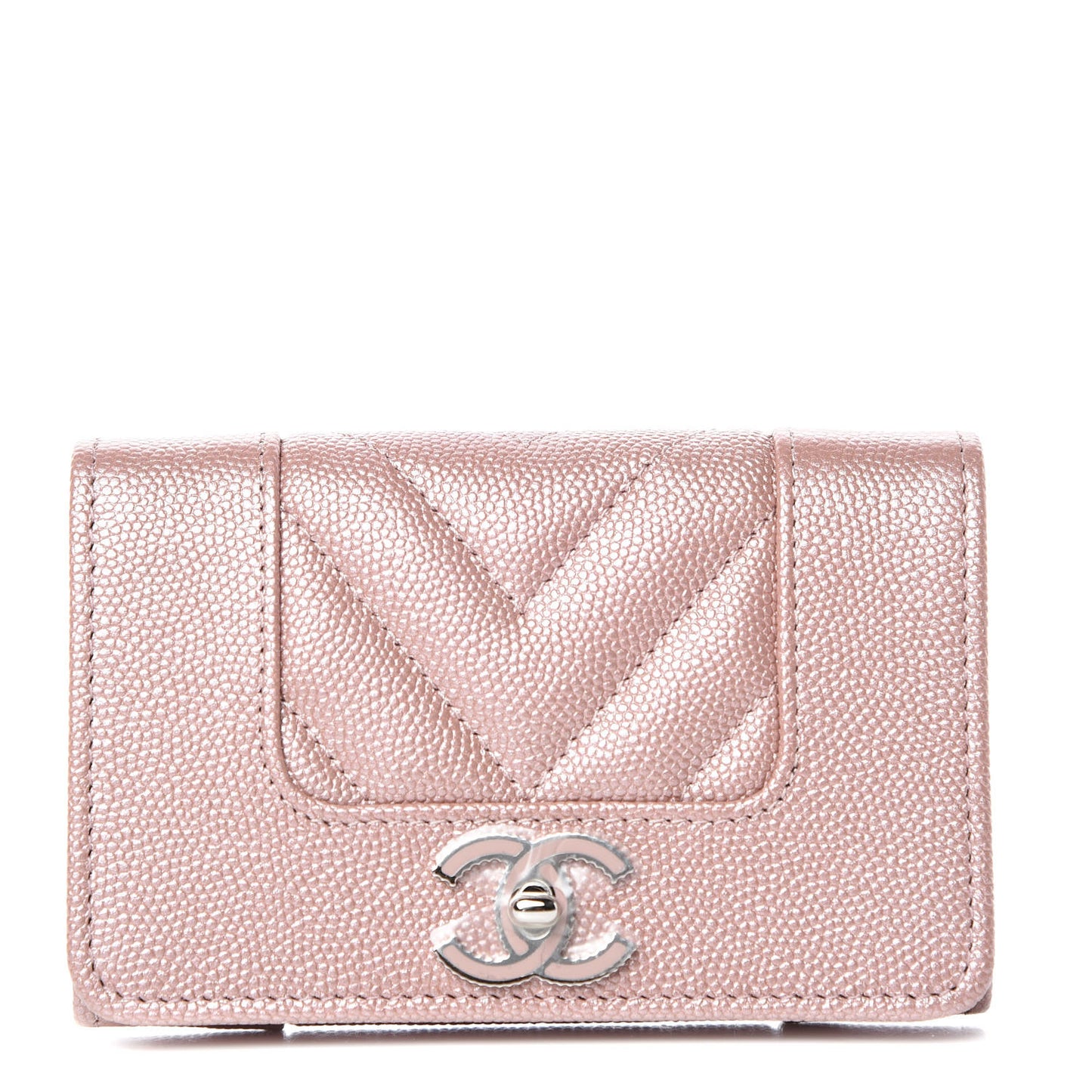 Metallic Caviar Chevron Quilted Vintage Mademoiselle Card Holder Pink