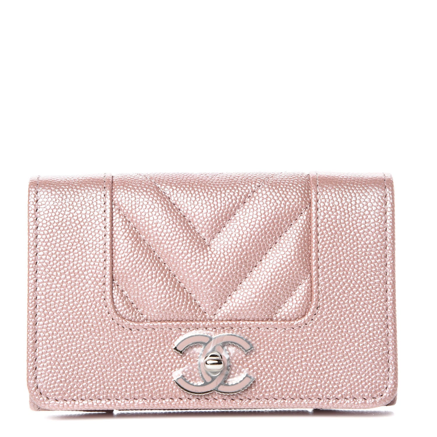 Chanel Metallic Caviar Chevron Quilted Vintage Mademoiselle Card Holder Pink 1 of 9