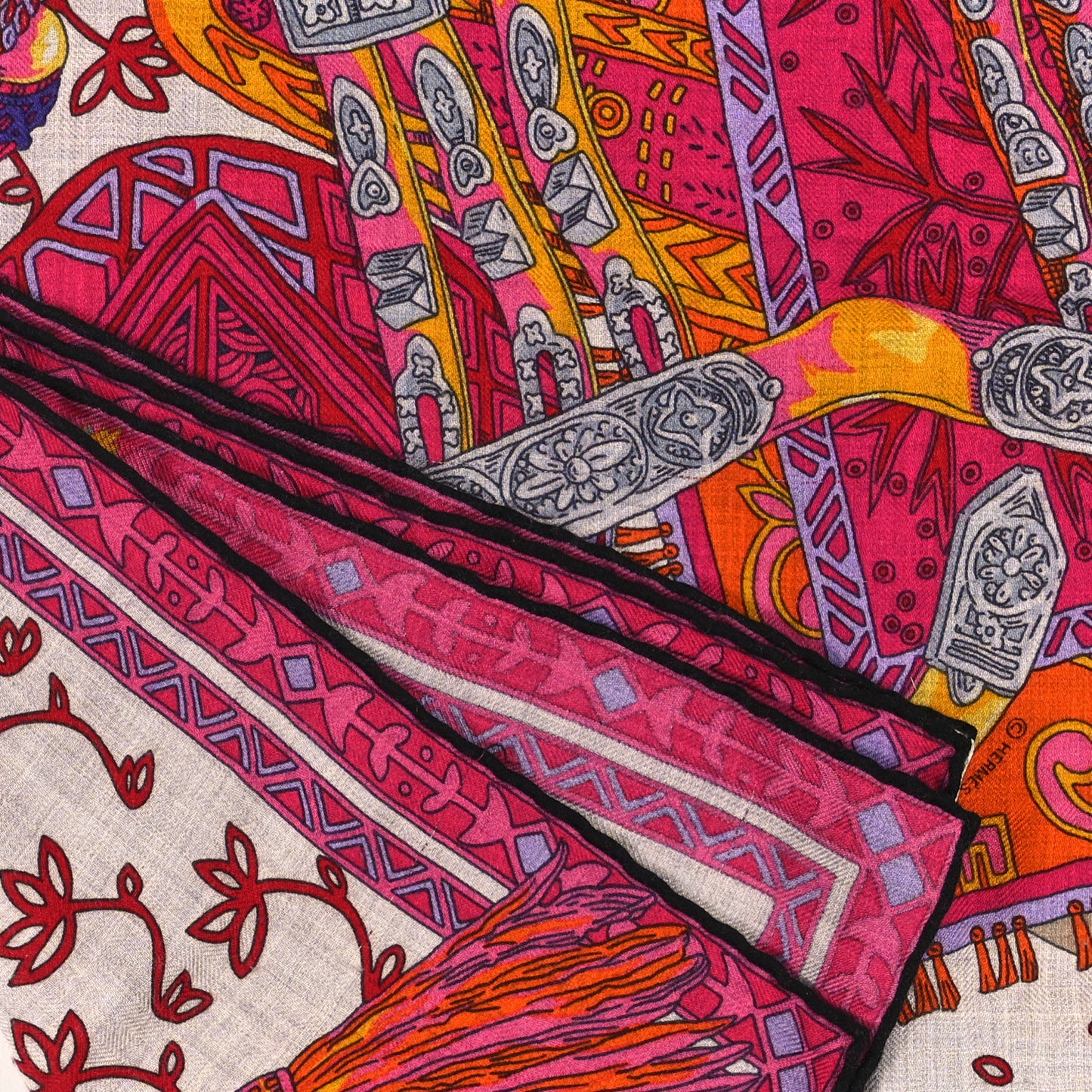 Cashmere Silk Cavaliers du Caucase Shawl 140 Gris Claire Fuchsia Vert