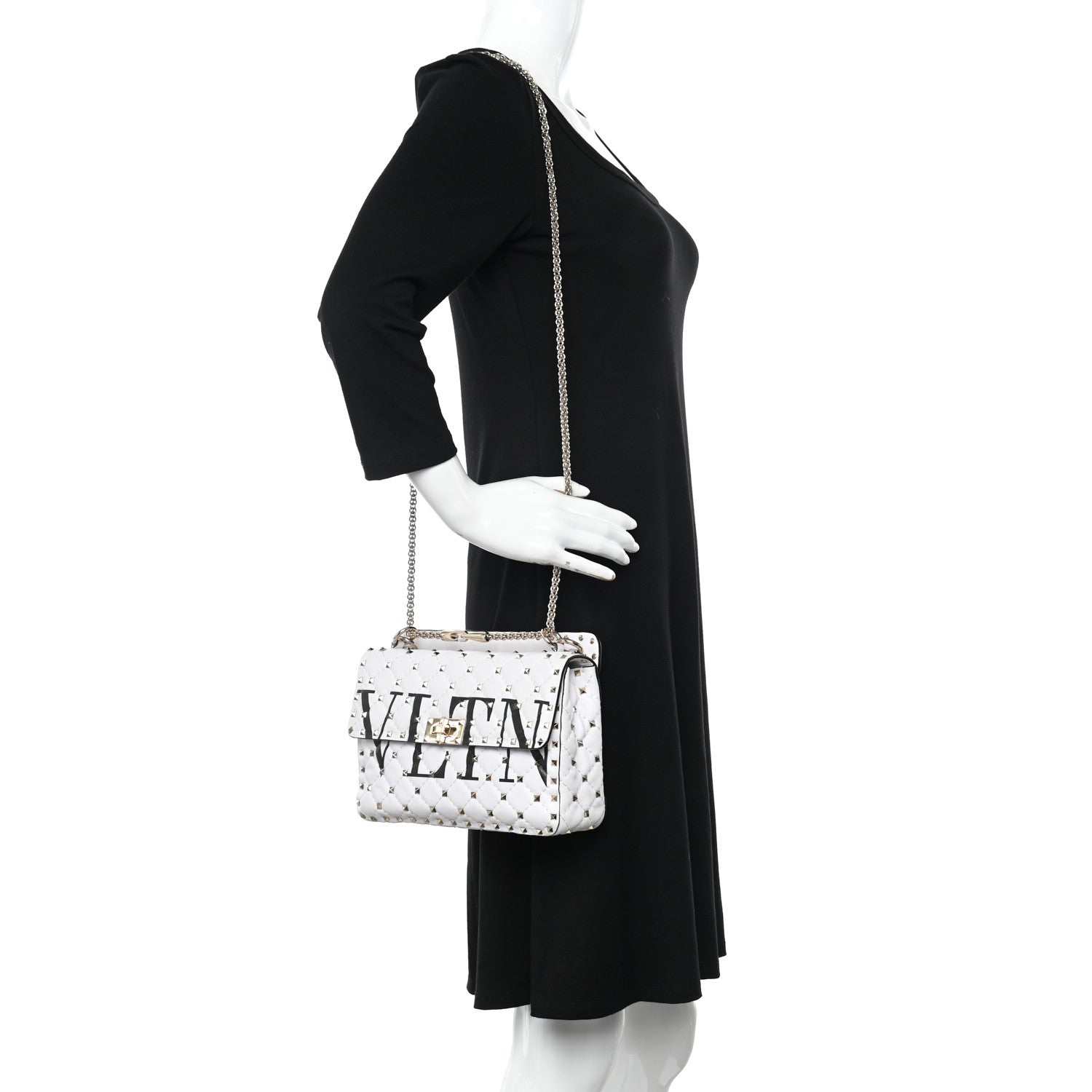 Valentino Garavani Lambskin VLTN Print Medium Rockstud Spike Shoulder Bag Optic White Black 2 of 9