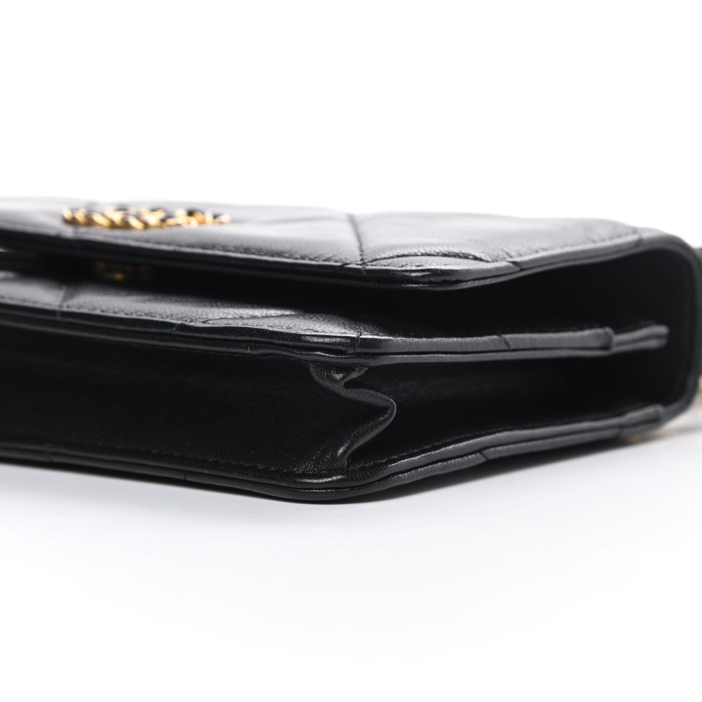 Shiny Goatskin Quilted Chanel 19 Wallet On Chain WOC Black