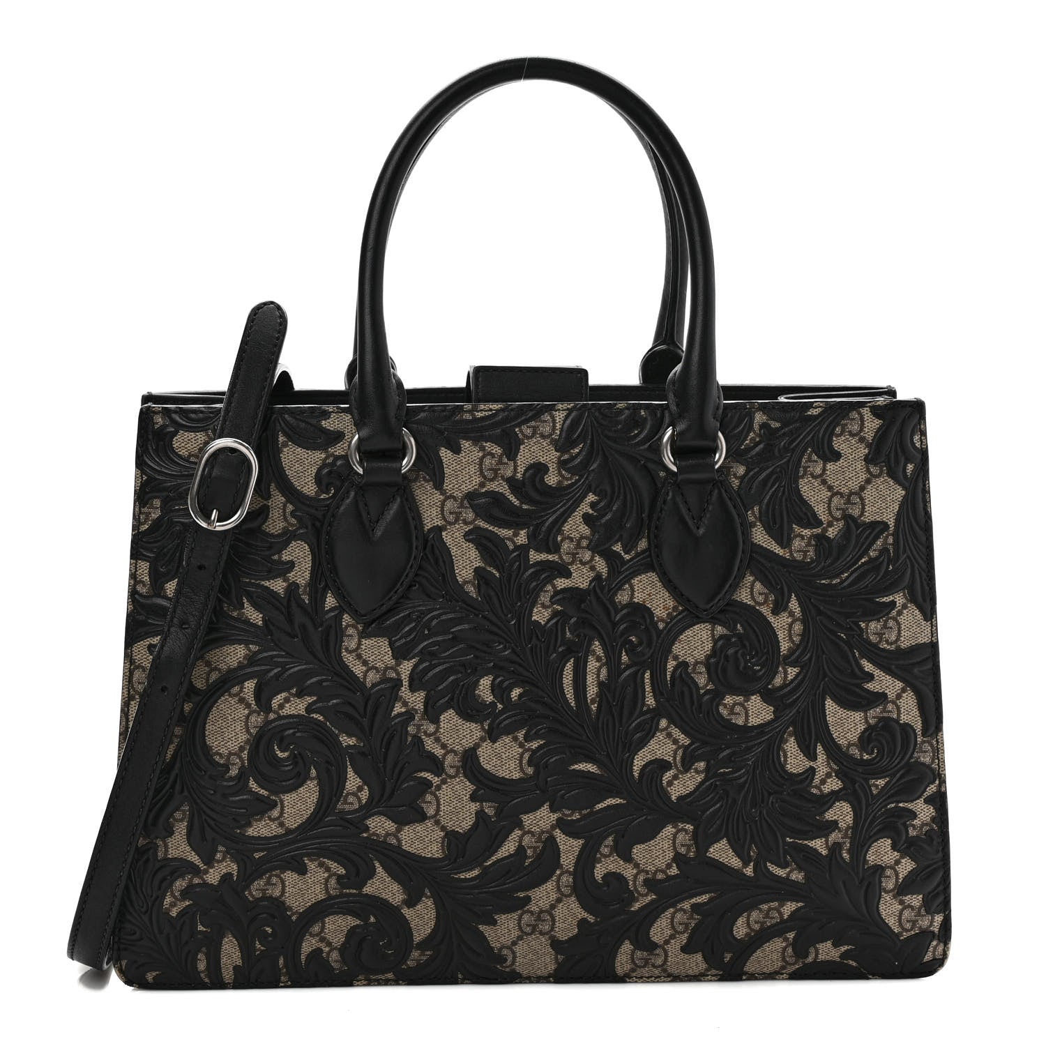Gucci GG Supreme Monogram Arabesque Small Top Handle Bag Beige Black 1 of 10