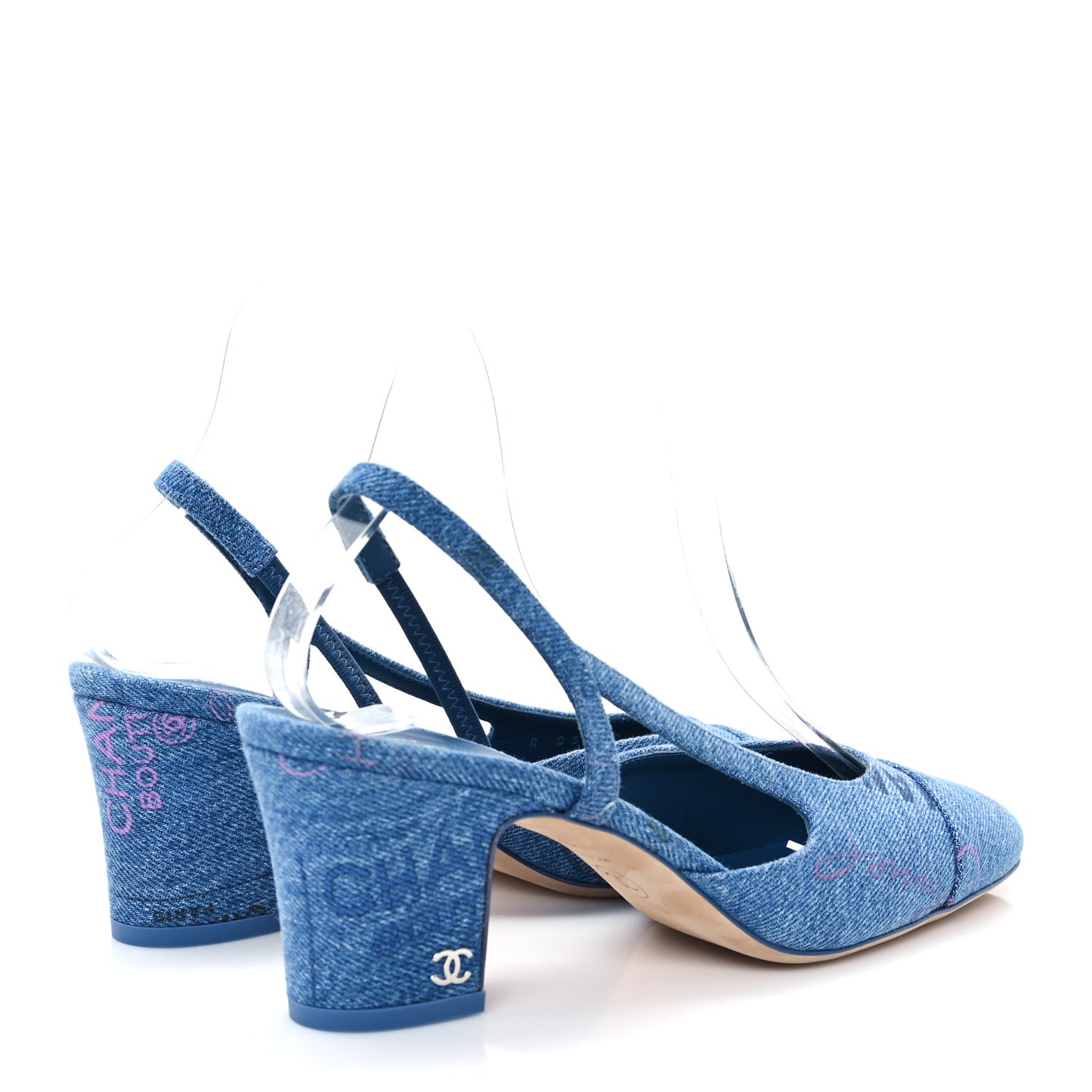 Denim Printed Mood Cap Toe CC Slingback Pumps 36.5 Light Blue Multicolor