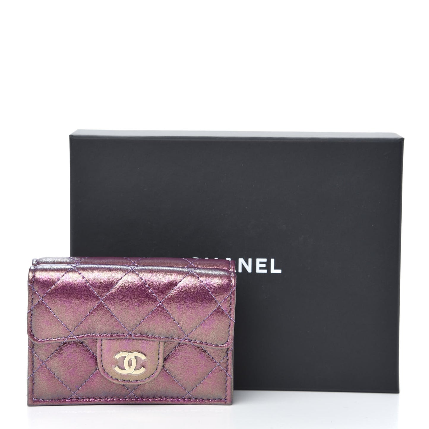 Iridescent Lambskin Small Quilted Flap Wallet Purple