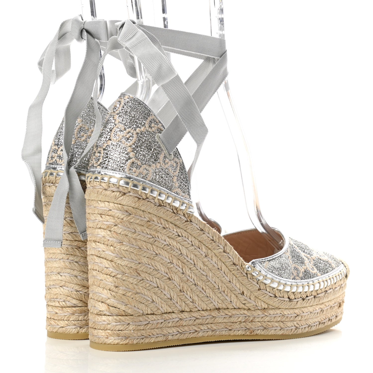 Gucci Lame GG Monogram Ankle Wrap Platform Espadrille Wedges 39 Silver Beige Light Grey 4 of 9