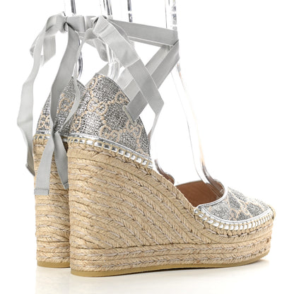 Gucci Lame GG Monogram Ankle Wrap Platform Espadrille Wedges 39 Silver Beige Light Grey 4 of 9