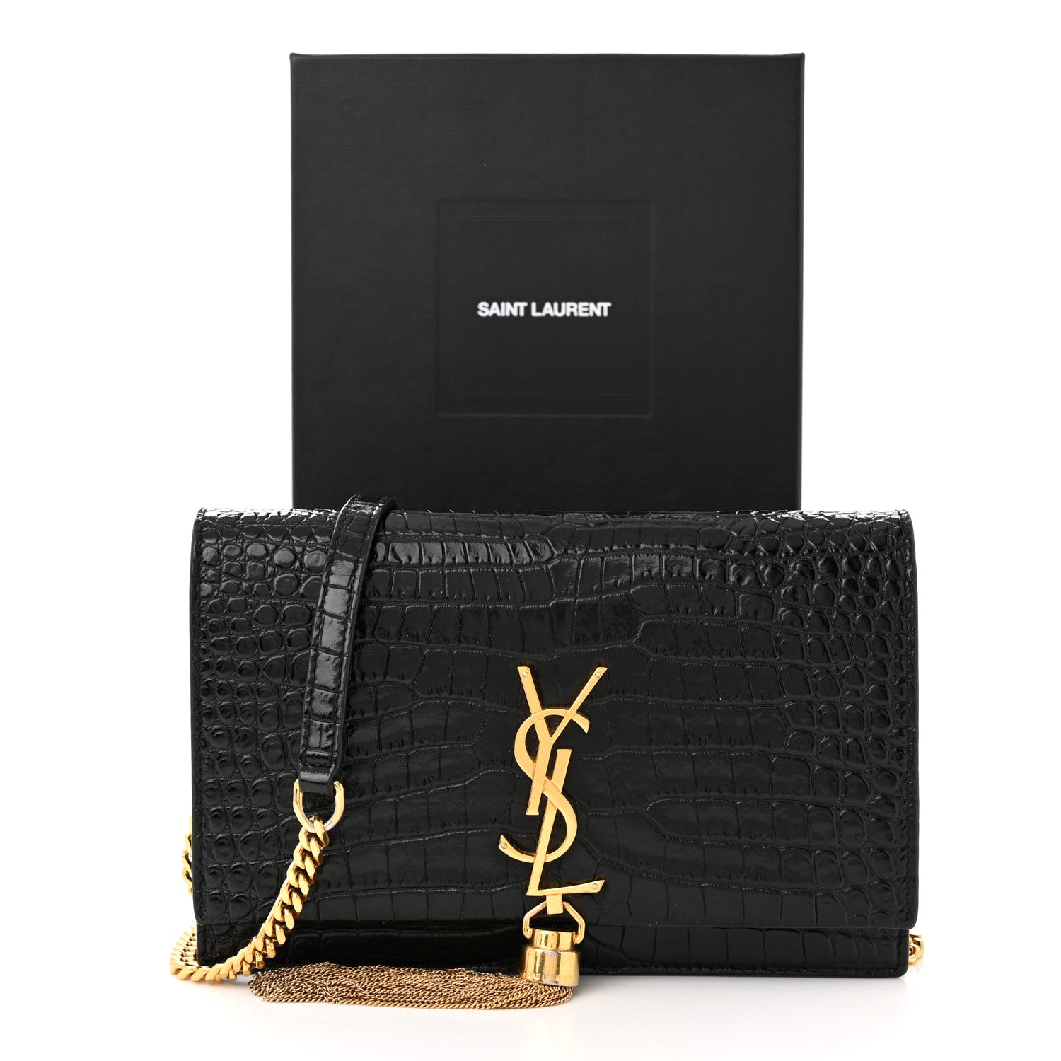 Saint Laurent Calfskin Crocodile Embossed Kate Monogram Tassel Chain Wallet Black 10 of 10