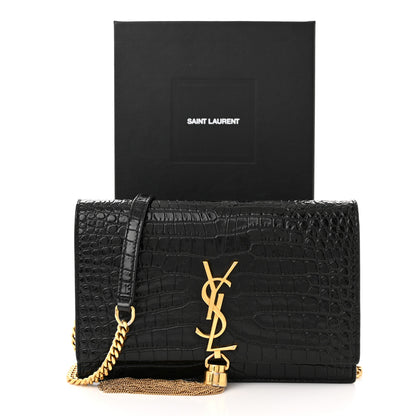 Saint Laurent Calfskin Crocodile Embossed Kate Monogram Tassel Chain Wallet Black 10 of 10