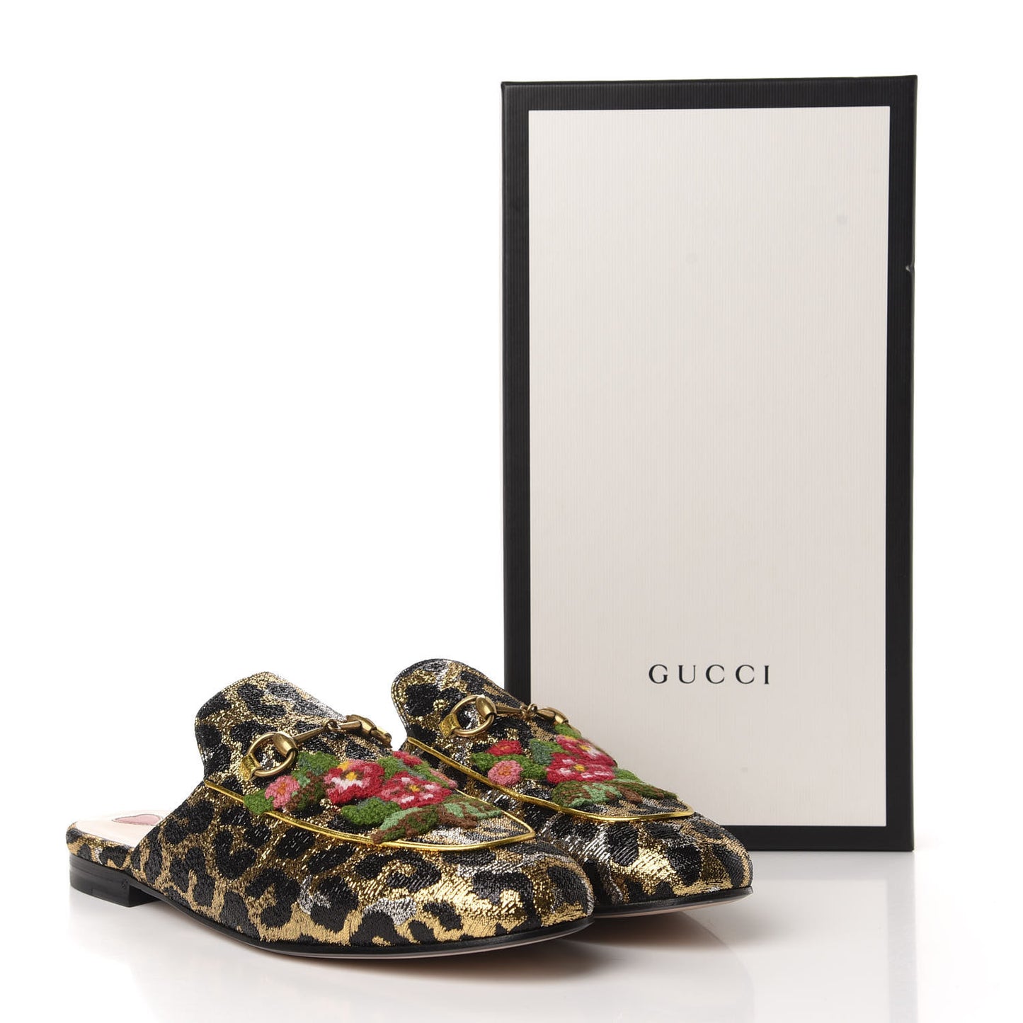 Lurex Jacquard Leopard Embroidered Princetown Slippers 40 Black Gold