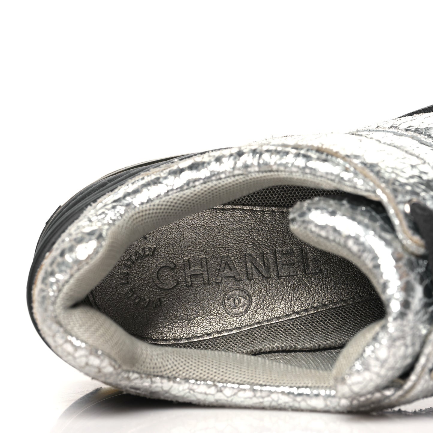 Metallic Crackled Calfskin CC Sneakers 39.5 Silver Black Navy