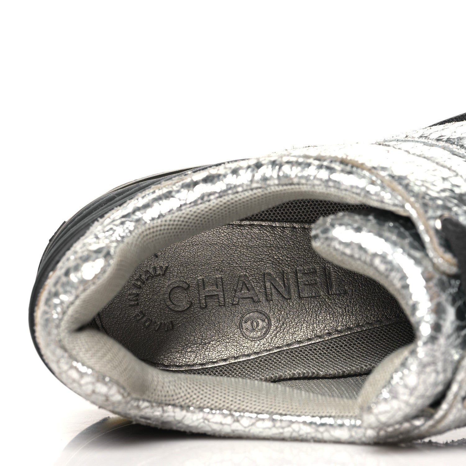 Chanel Metallic Crackled Calfskin CC Sneakers 39.5 Silver Black Navy 8 of 9