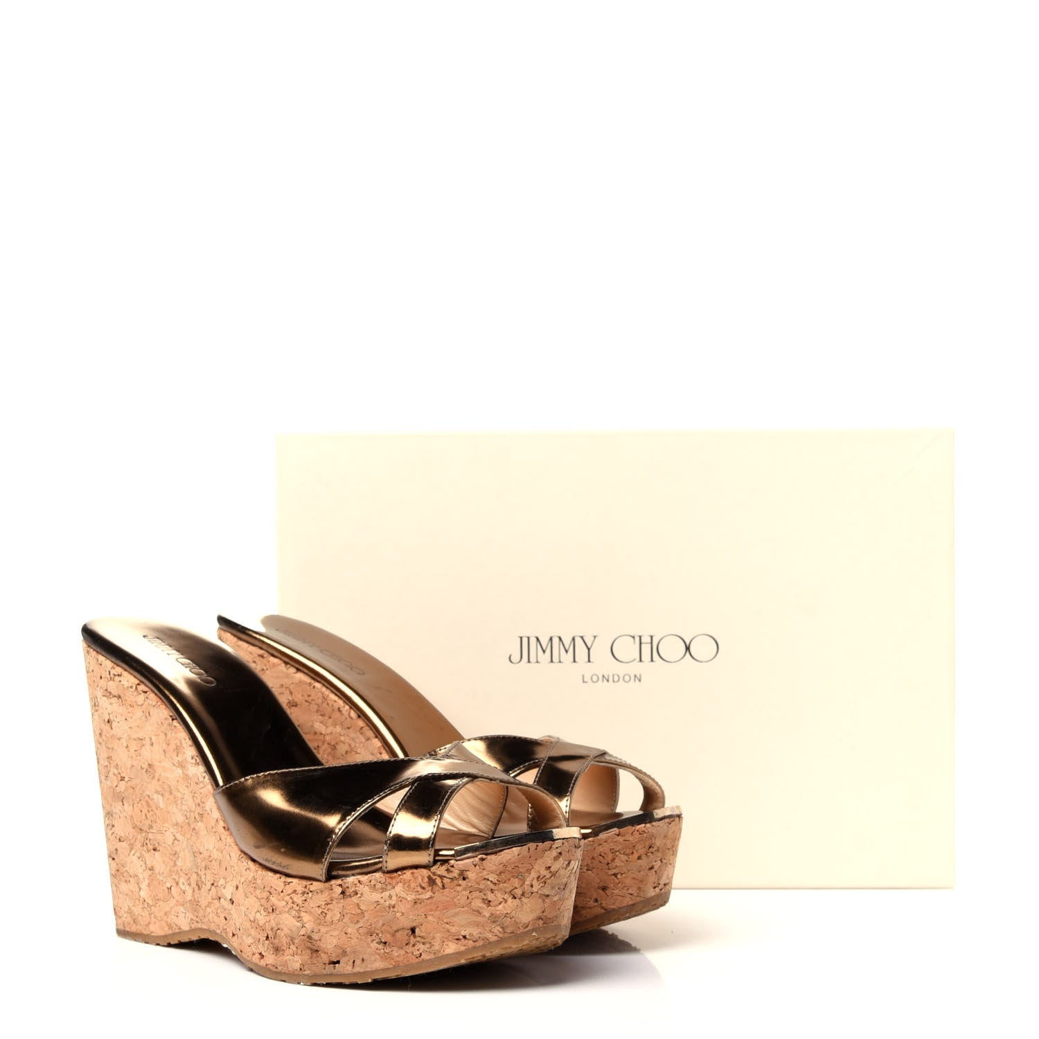 Jimmy Choo Metallic Patent Calfskin Cork Wedge Sandal 38 Bronze 11 of 11
