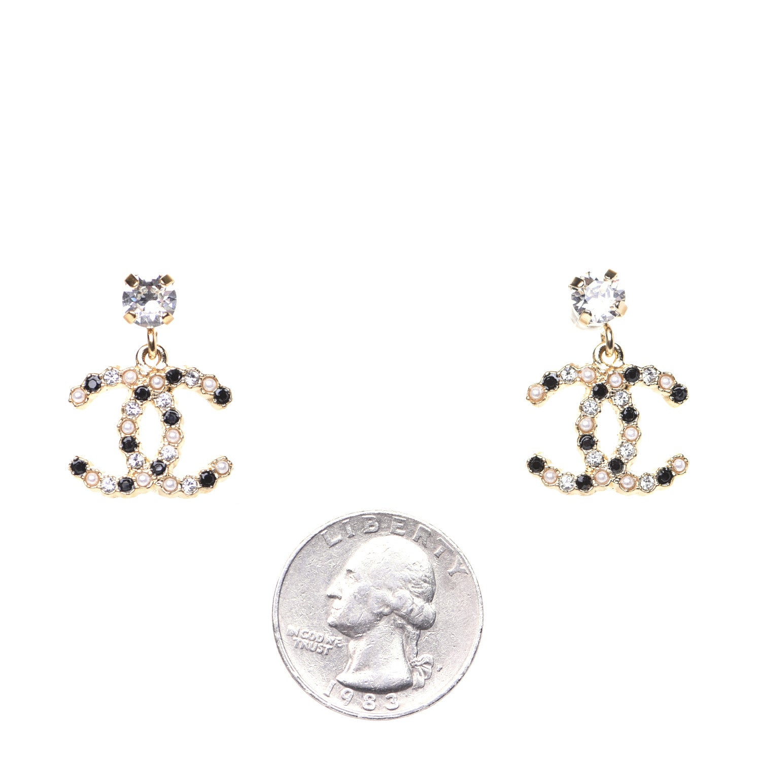 Chanel Resin Crystal Pearl CC Drop Earrings Gold Black 2 of 8