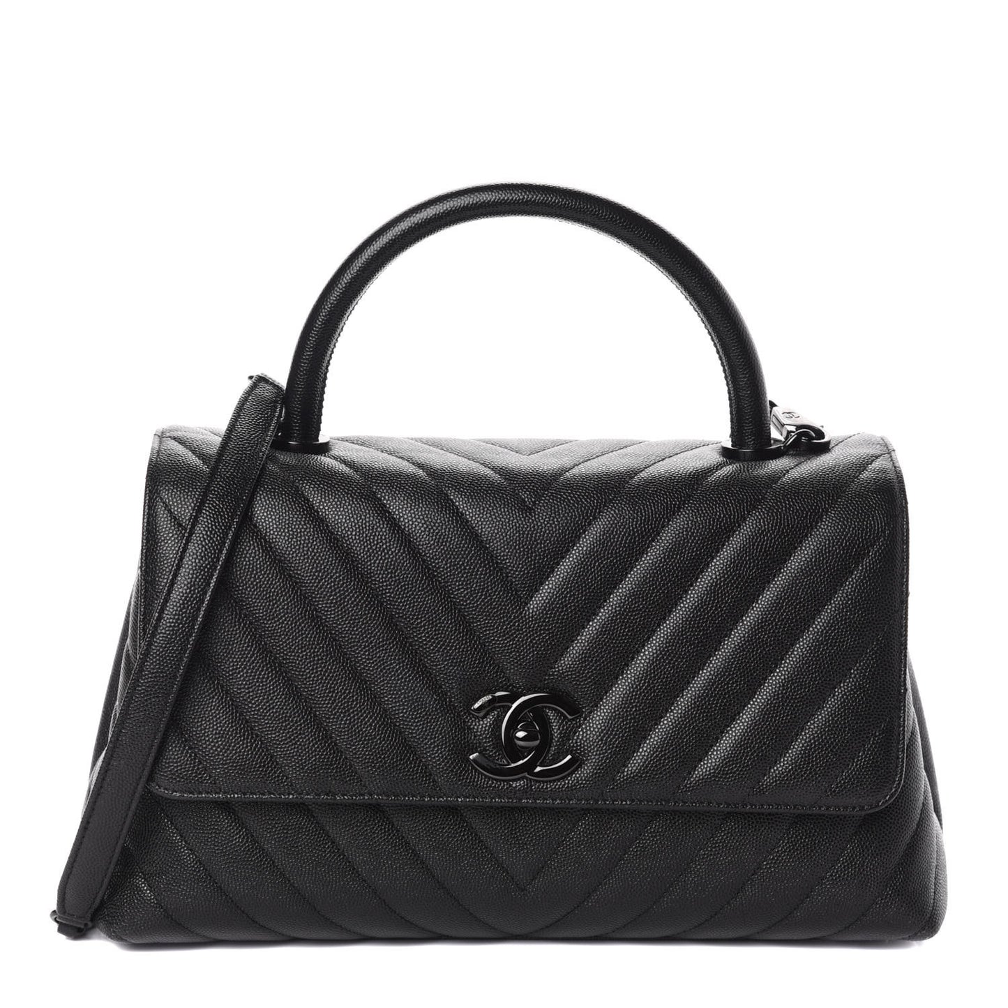 Caviar Chevron Quilted Small Coco Handle Flap So Black