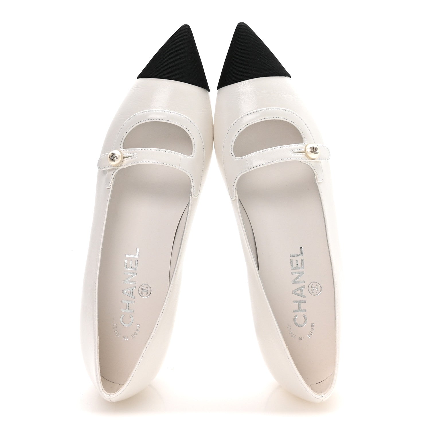 Chanel Shiny Lambskin Grosgrain Pearl Mary Janes Flats 38 White Black 2 of 9