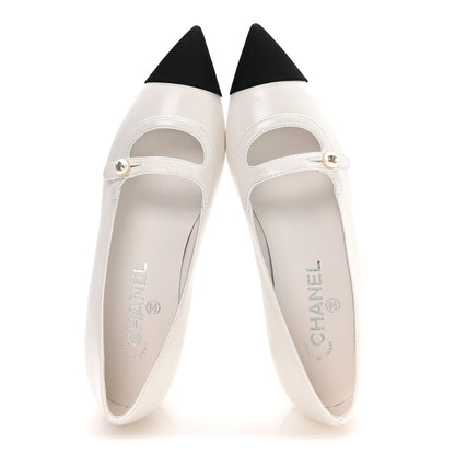 Chanel Shiny Lambskin Grosgrain Pearl Mary Janes Flats 38 White Black 2 of 9