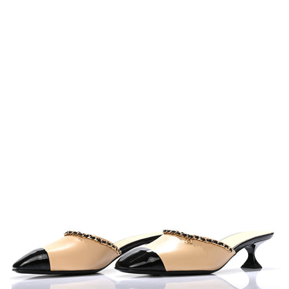 Chanel Lambskin Patent Cap Toe Chain Mule 37 Beige Black 2 of 7