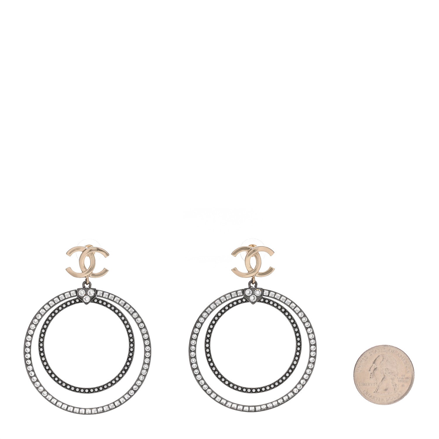 Chanel Crystal CC Circle Drop Earrings Silver Gold 2 of 4