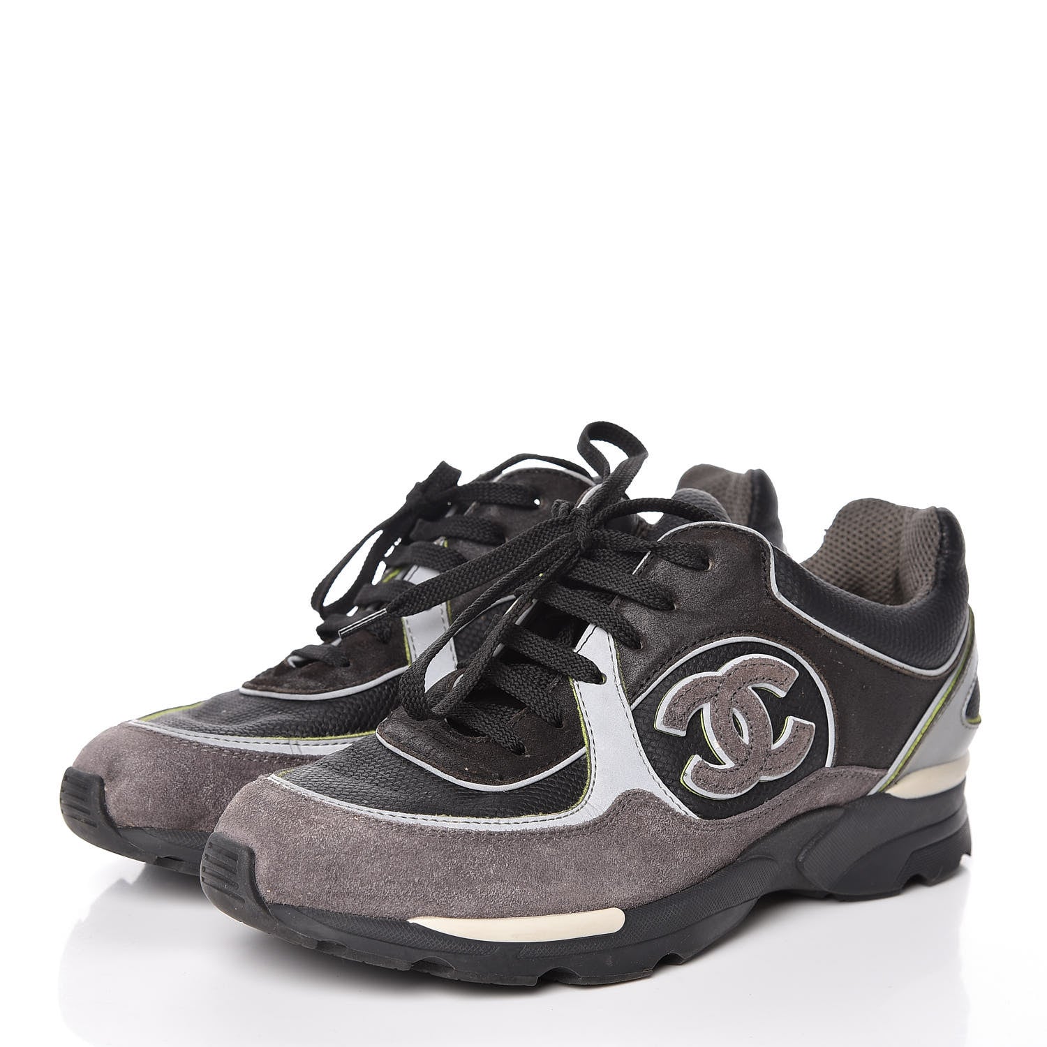 Chanel Suede Calfskin CC Sneakers 37 Black White Silver 3 of 13