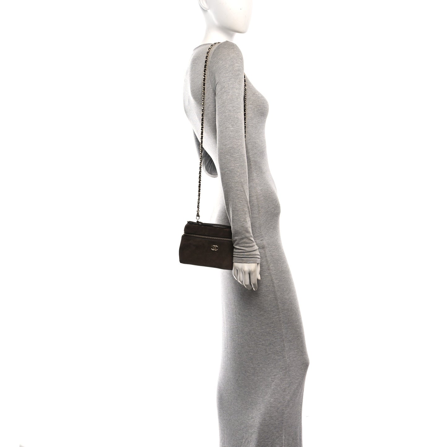 Suede Calfskin Top Handle Trapeze Small Vanity Case With Chain Dark Brown