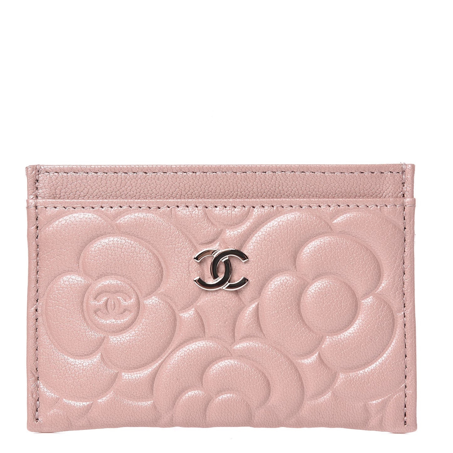 Goatskin Camellia Embossed Card Holder Light Pink