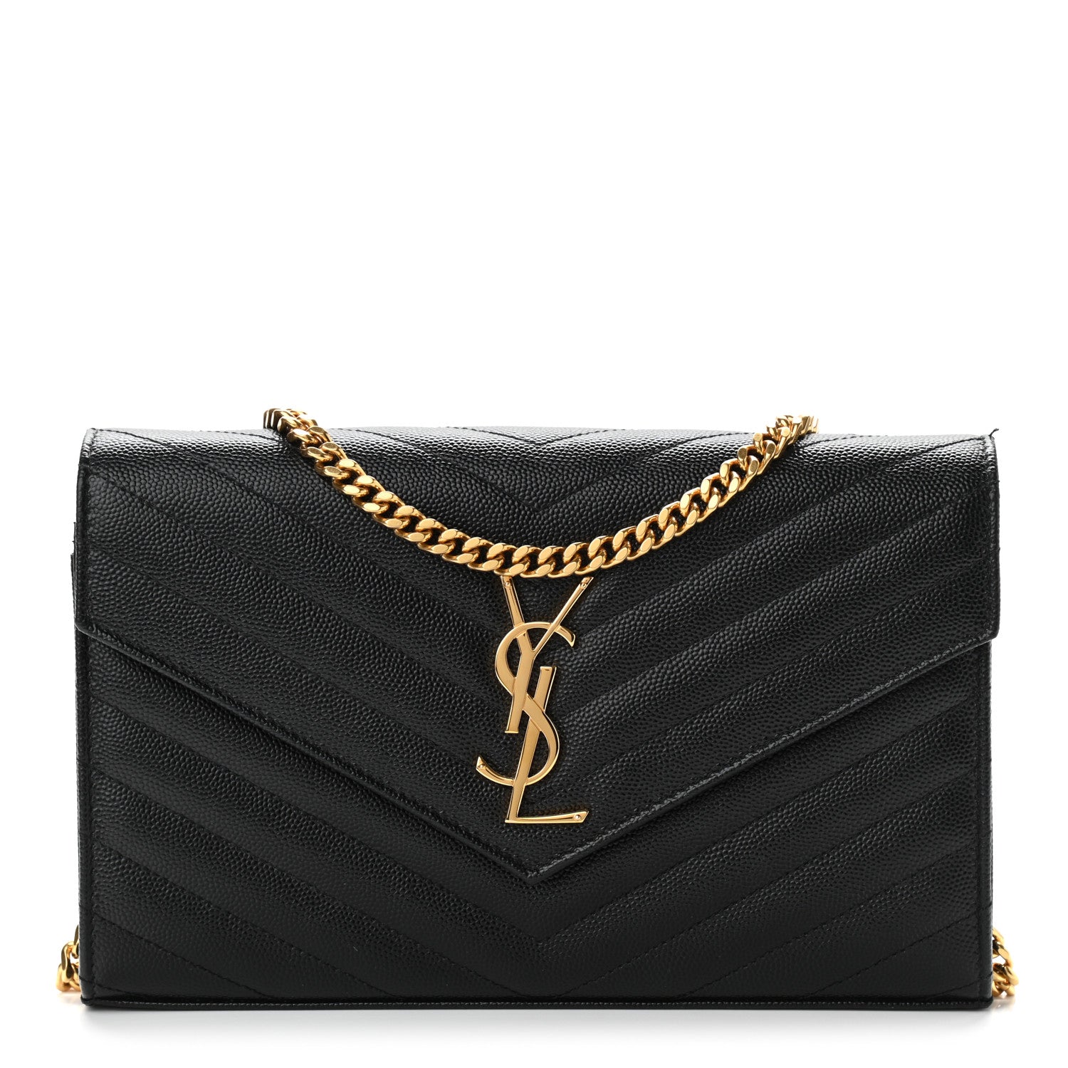 Saint Laurent Grain De Poudre Matelasse Chevron Monogram Chain Wallet Black 1 of 11