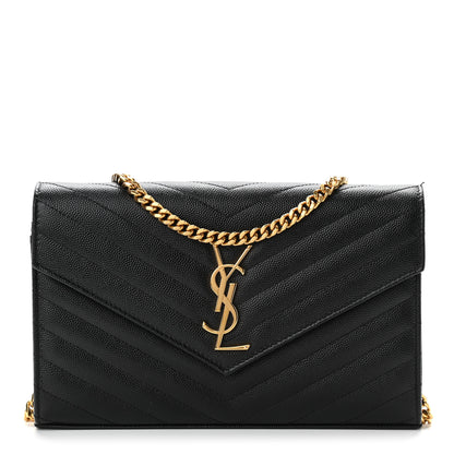 Saint Laurent Grain De Poudre Matelasse Chevron Monogram Chain Wallet Black 1 of 11