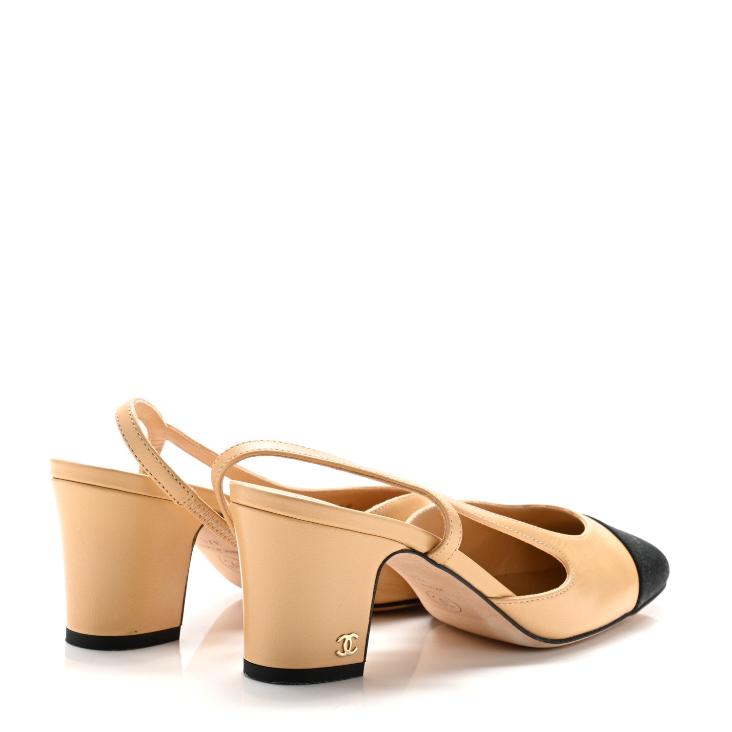 Chanel Goatskin Grosgrain Cap Toe CC Slingback Pumps 37 Beige Black 5 of 10