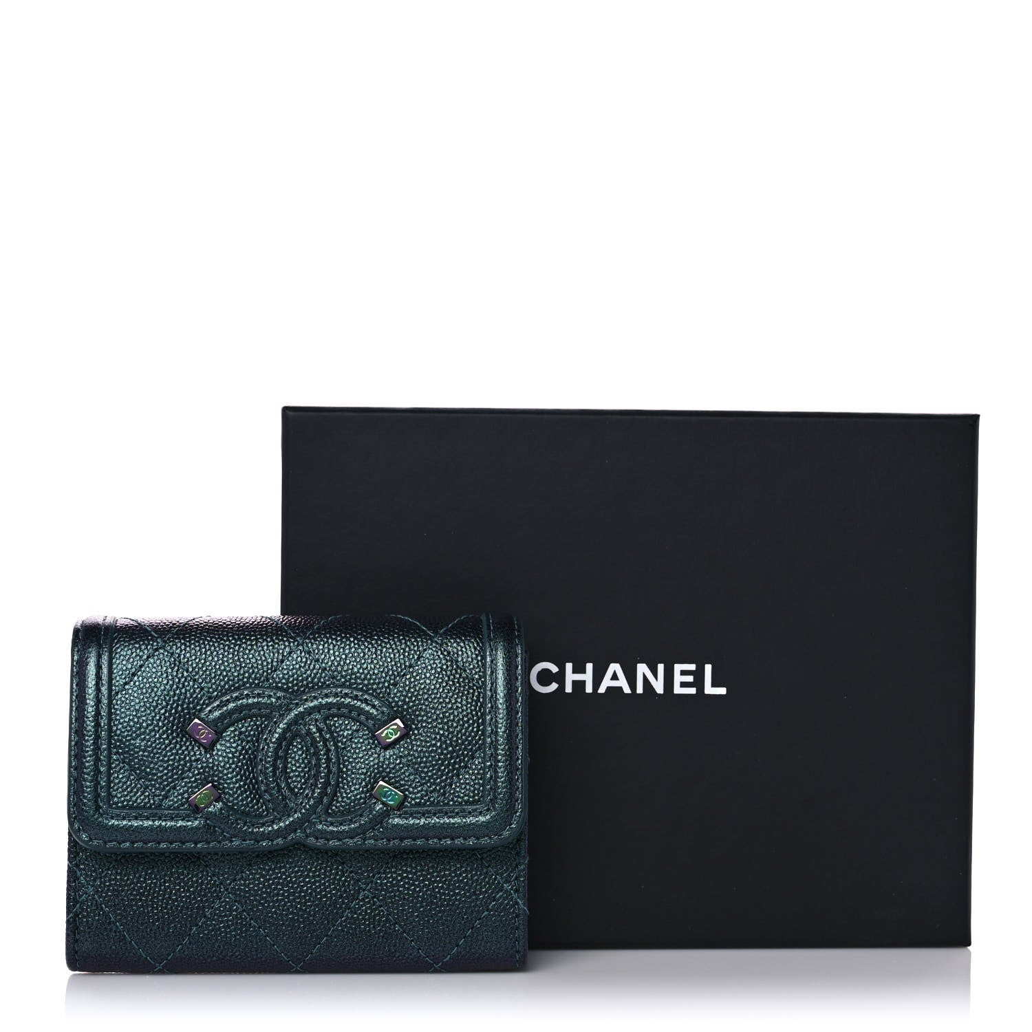 Chanel Iridescent Caviar Quilted Filigree Flap Card Holder Dark Turquoise 10 of 10