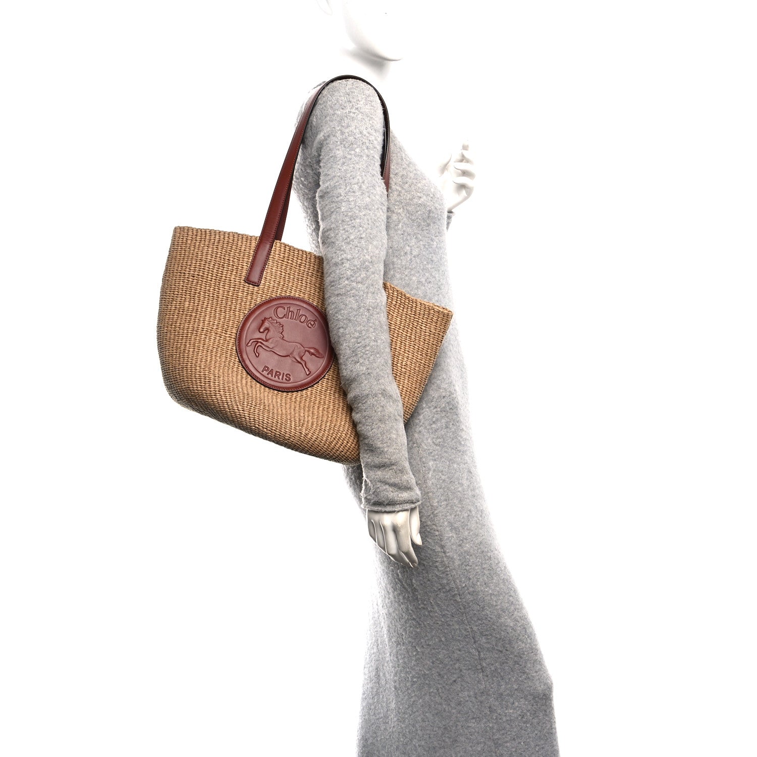 Chloe Raffia Calfskin Horse Medal Large Basket Tote Sepia Brown 2 of 9