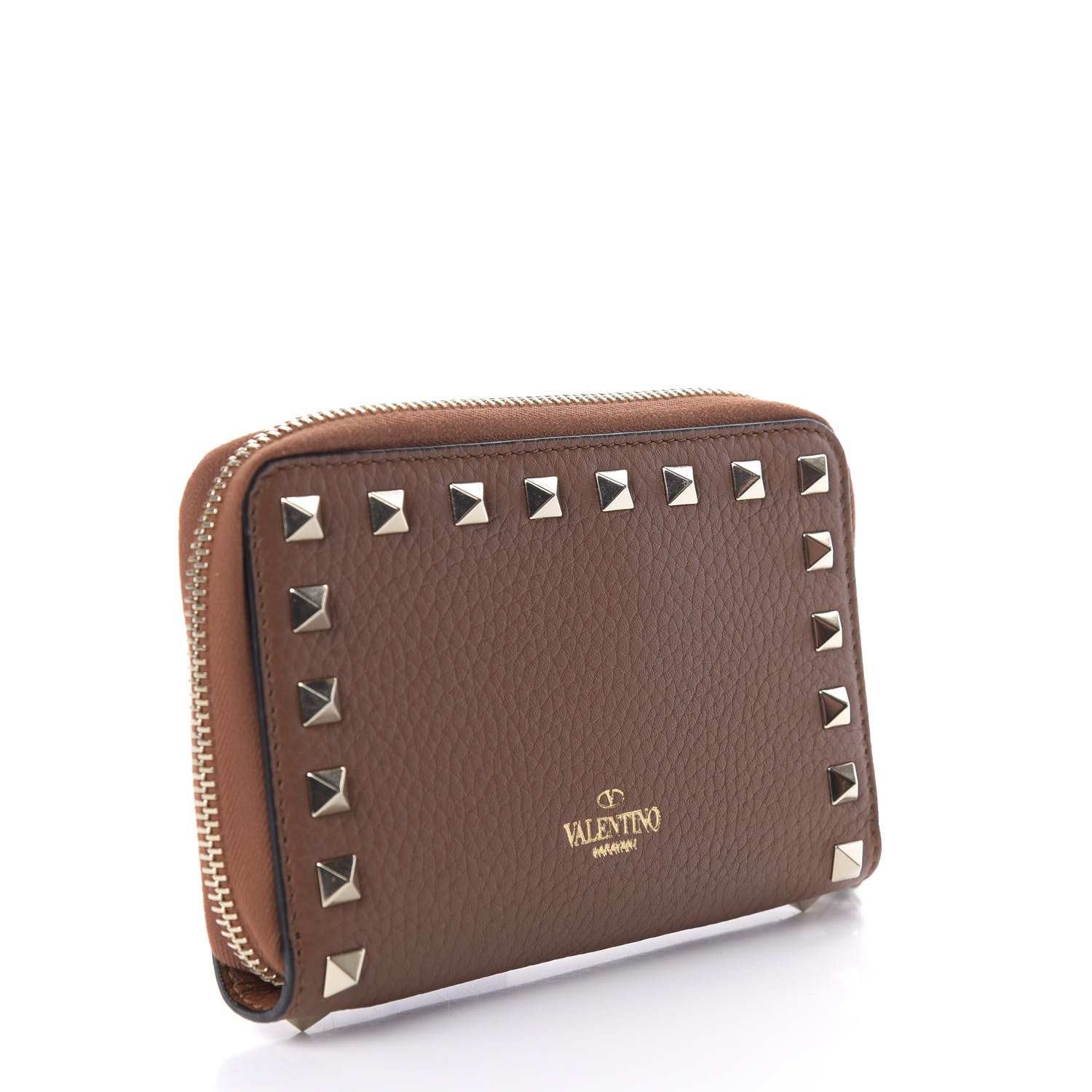 Valentino Garavani Pebbled Calfskin Rockstud Compact Zip Around Wallet Bright Cognac 3 of 5