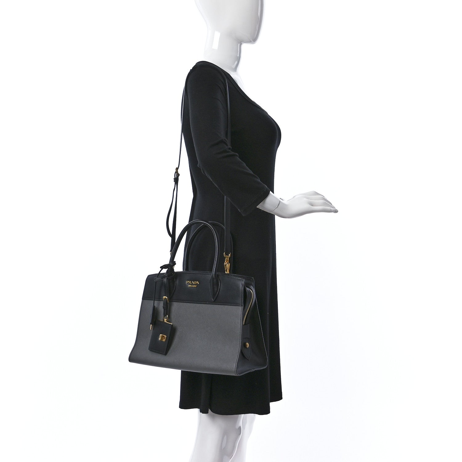 Prada Saffiano City Calfskin Medium Esplanade Tote Mercurio Black 2 of 9