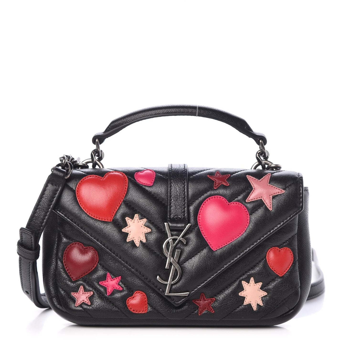 Calfskin Matelasse Chevron Heart Patchwork Monogram College Chain Wallet Black